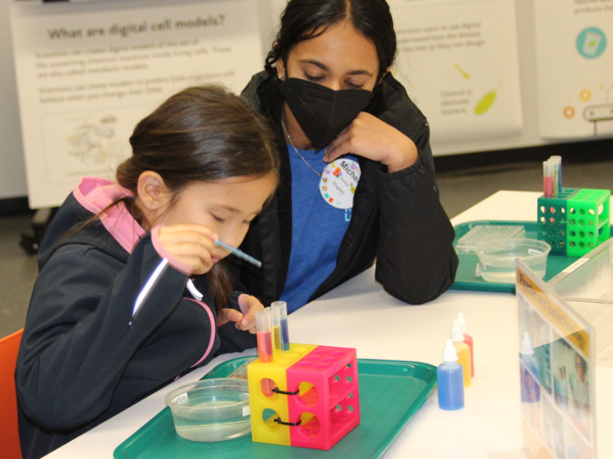 A young child in a science class performs an experiment with graduated cylinders filled with colored liquid while an adult watches.